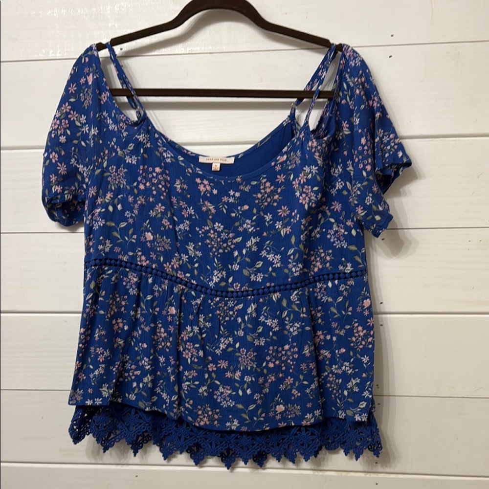 Blue and White Puff Sleeve Ruffled Peplum Blouse